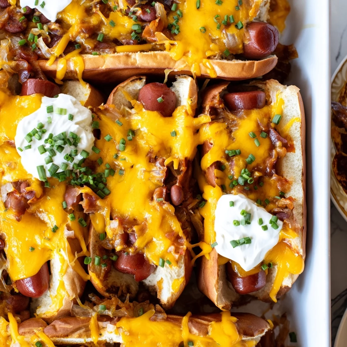 Mouthwatering chili dog casserole served hot with a dollop of sour cream.