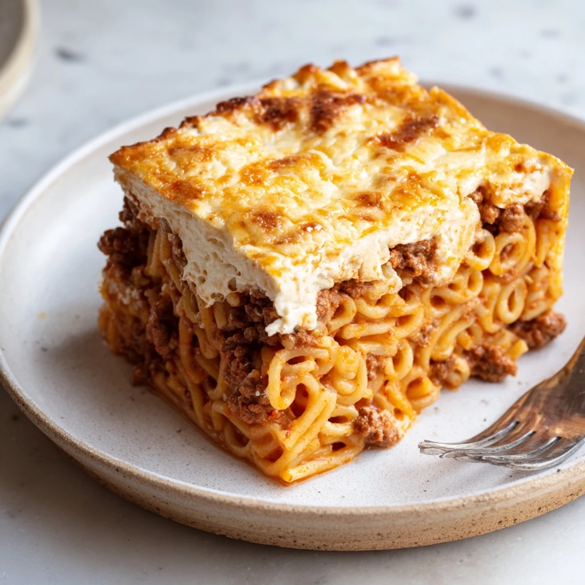 A delicious Greek pastitsio casserole layered with pasta, hearty beef, and creamy béchamel.  