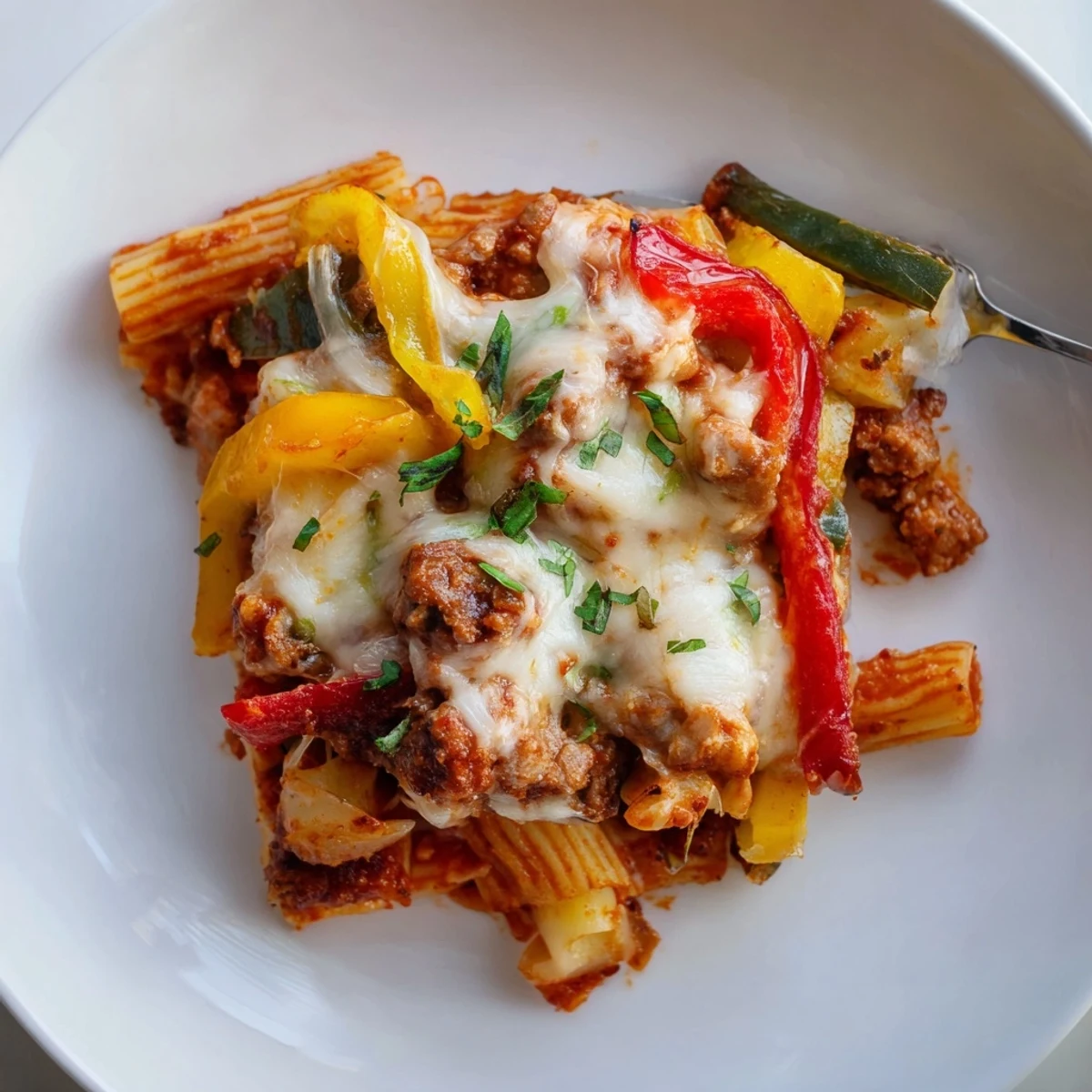 Savory baked rigatoni with sausage, colorful bell peppers, and bubbling cheese.  