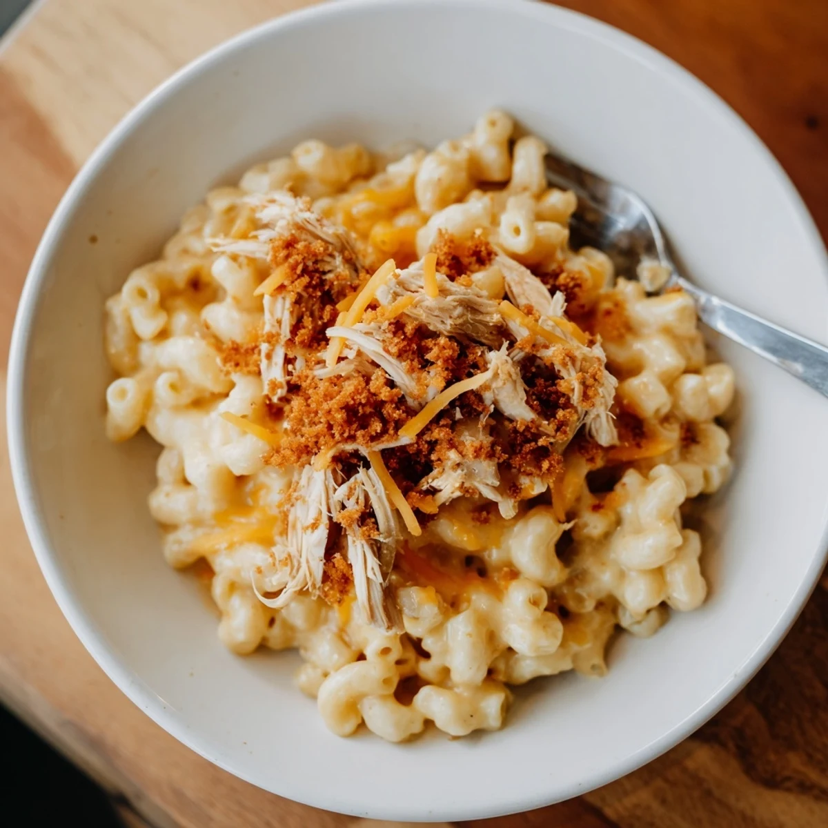 Creamy Classic Mac & Cheese with BBQ Chicken topped with crunchy panko breadcrumbs.  