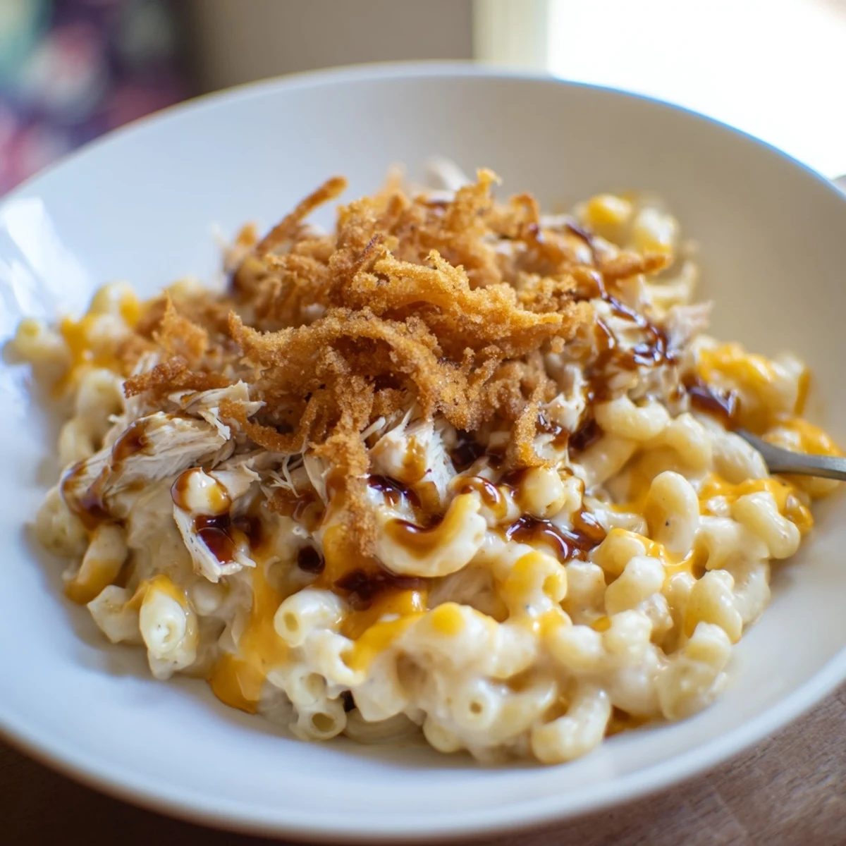 Delicious Classic Mac & Cheese with BBQ Chicken, bubbling cheese and smoky flavors shine.  
