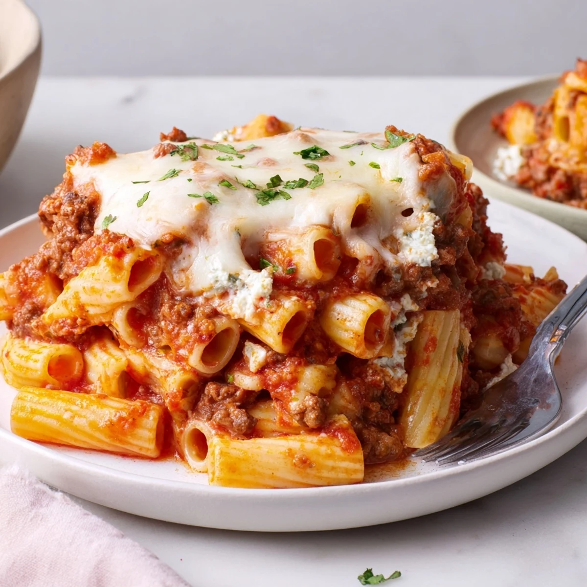 Comforting baked ziti with meat sauce layered in a cheesy casserole dish.  