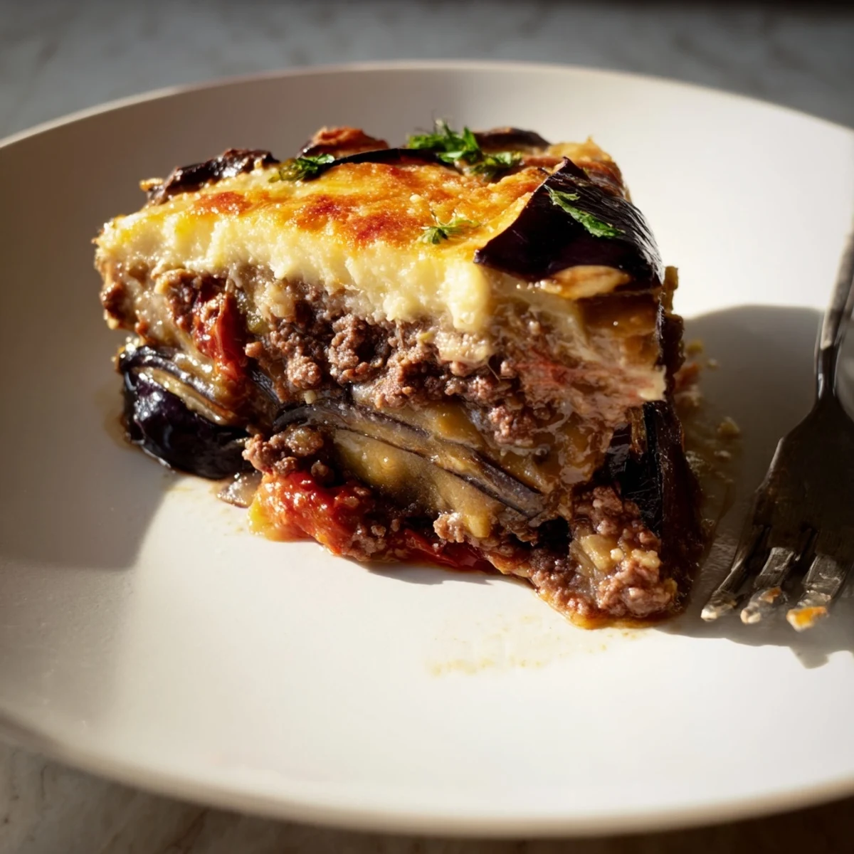 Layers of Moussaka with Beef & Eggplant fresh from the oven, golden béchamel bubbling.  