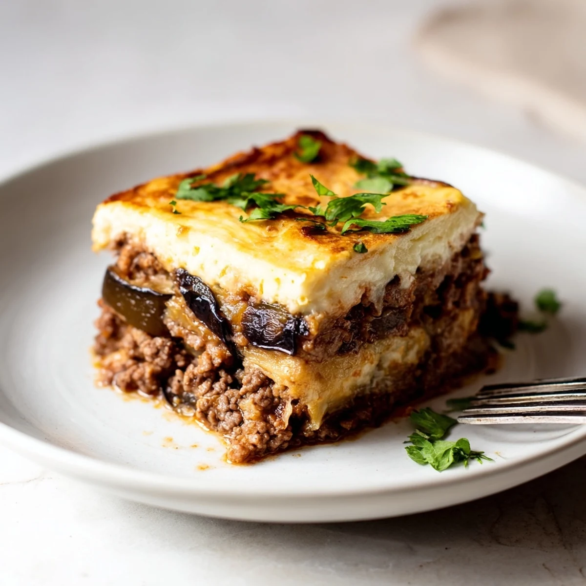 Hearty Moussaka with Beef & Eggplant, topped with rich cheese and fragrant spices.  