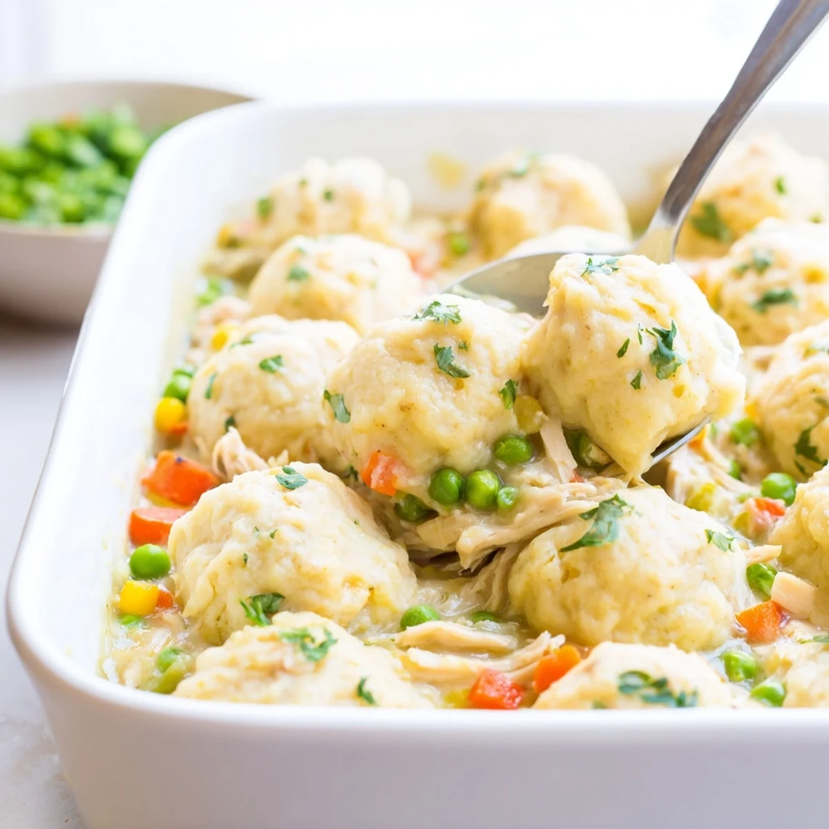 Tender chicken, savory vegetables, and fluffy dumplings create a delightful Chicken and Dumplings Casserole.  