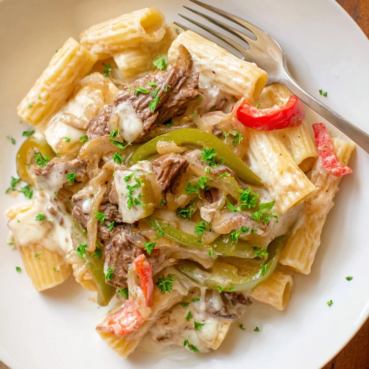 Hearty Philly cheese steak pasta topped with creamy cheese and fresh parsley.  