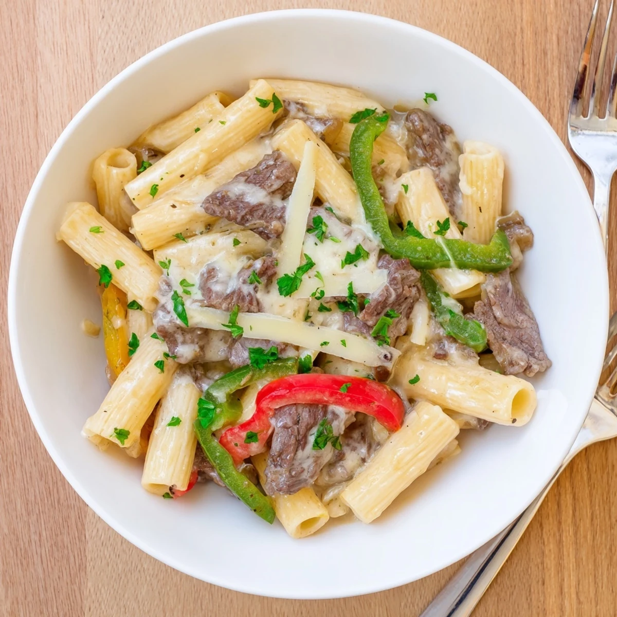 Savory beef, sautéed peppers, and cheesy sauce blend in Philly cheese steak pasta.  