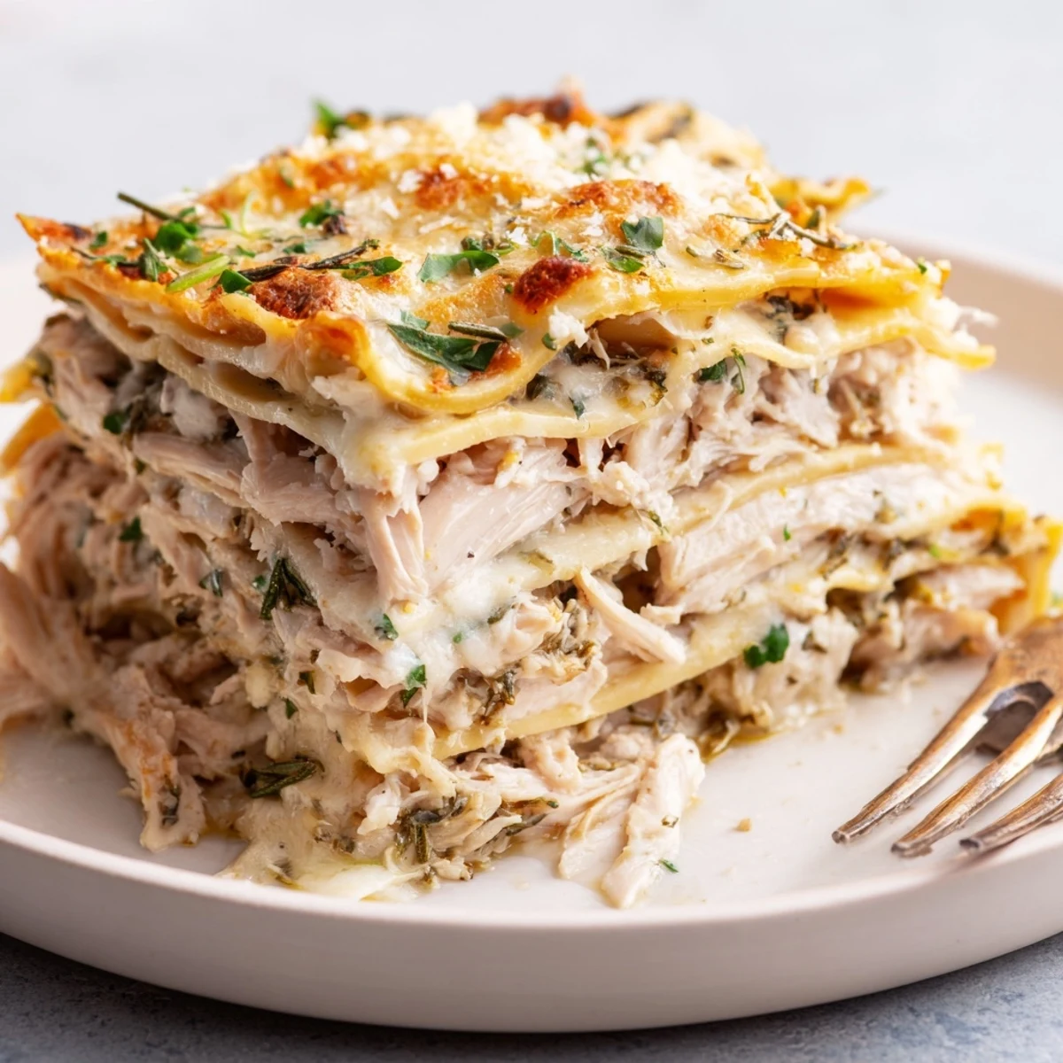 Layers of tender chicken and creamy béchamel in Rosemary Chicken Lasagna, a comforting delight.