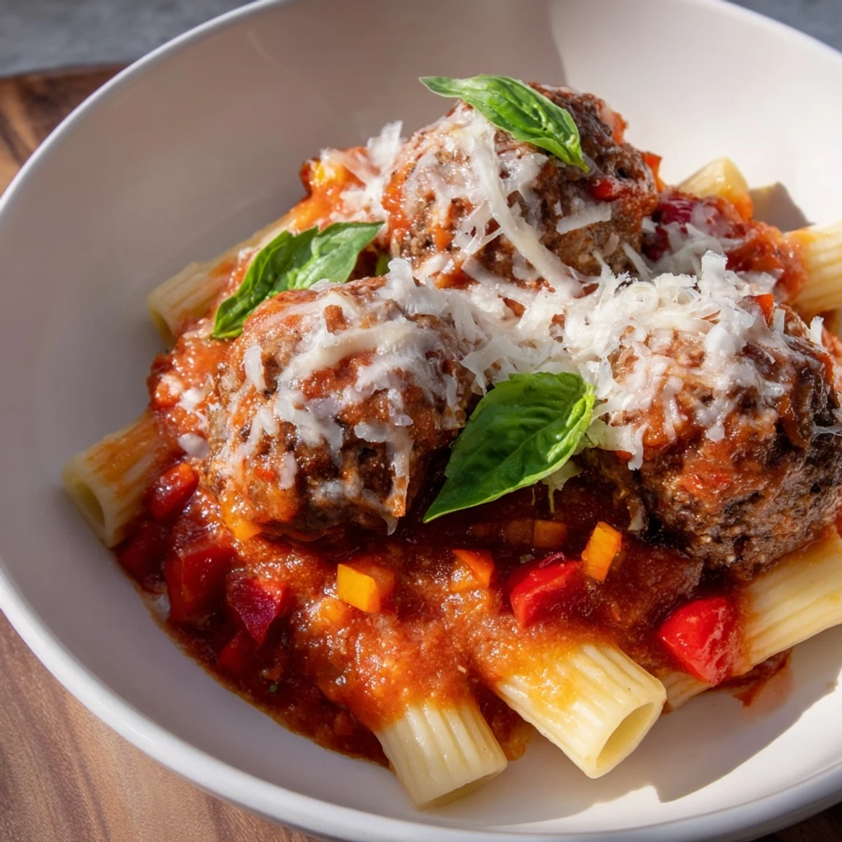 A close-up of a skillet brimming with Italian Meatball Pasta; perfectly cooked and ready to serve.