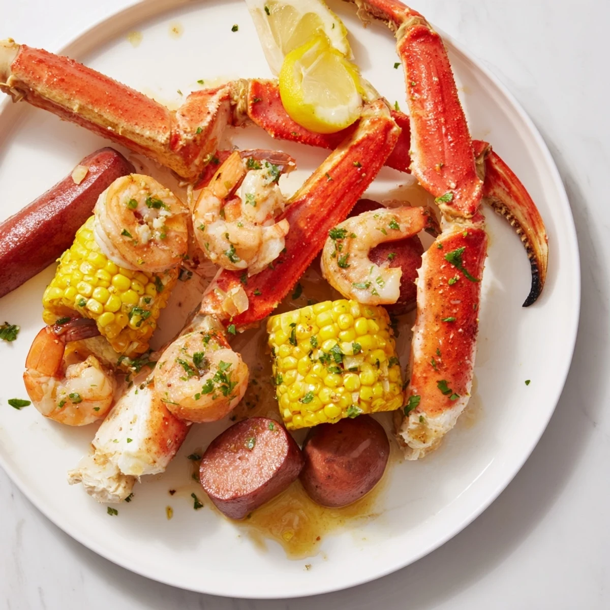 Close-up of a colorful seafood boil, showcasing crab legs, shrimp, sausage, and potatoes with Cajun spices.