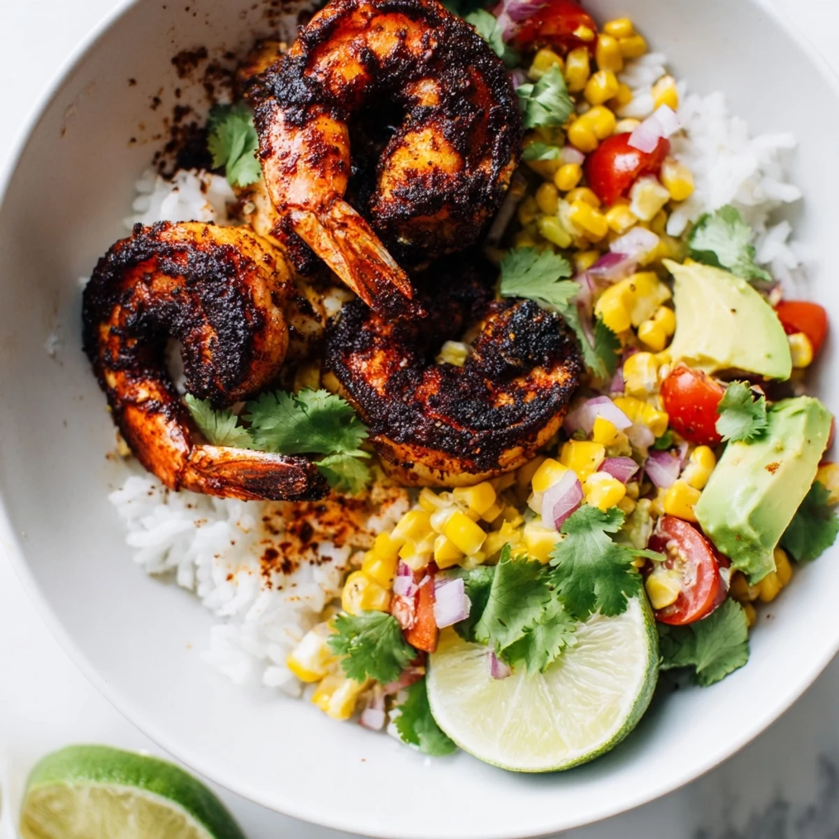 Delectable and flavorful Blackened Shrimp Bowl, piled high with creamy avocado and fresh corn.