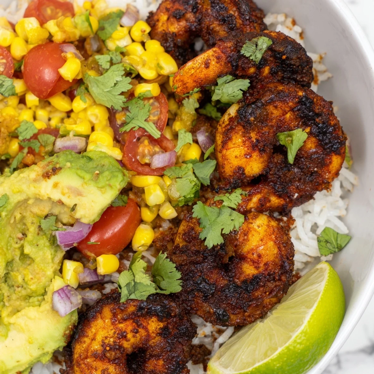 Smoky, spicy Blackened Shrimp Bowl with vibrant avocado salsa, ready to enjoy.