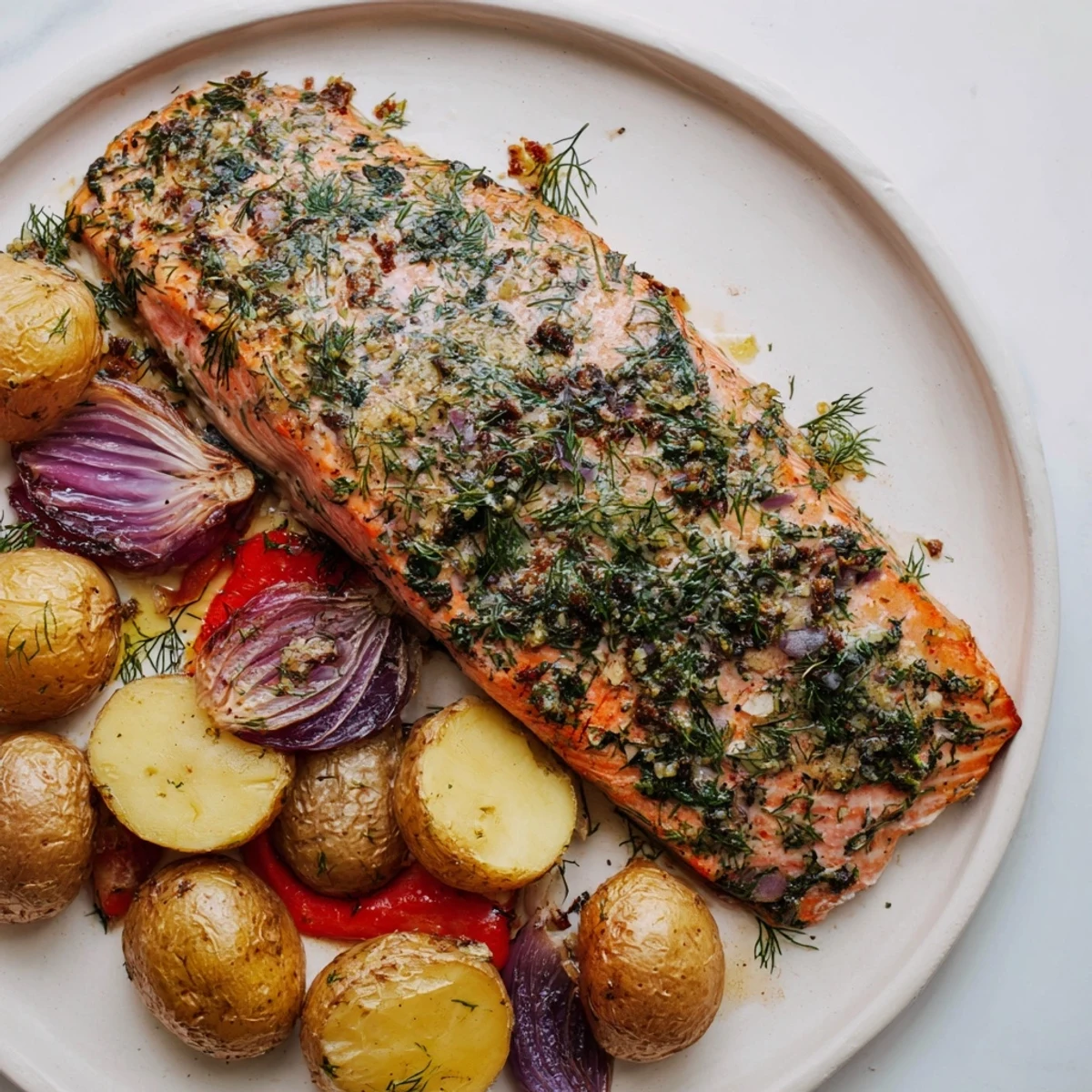 Golden, roasted potatoes and glistening Lemon Herb Salmon ready to serve, a flavorful and healthy meal.