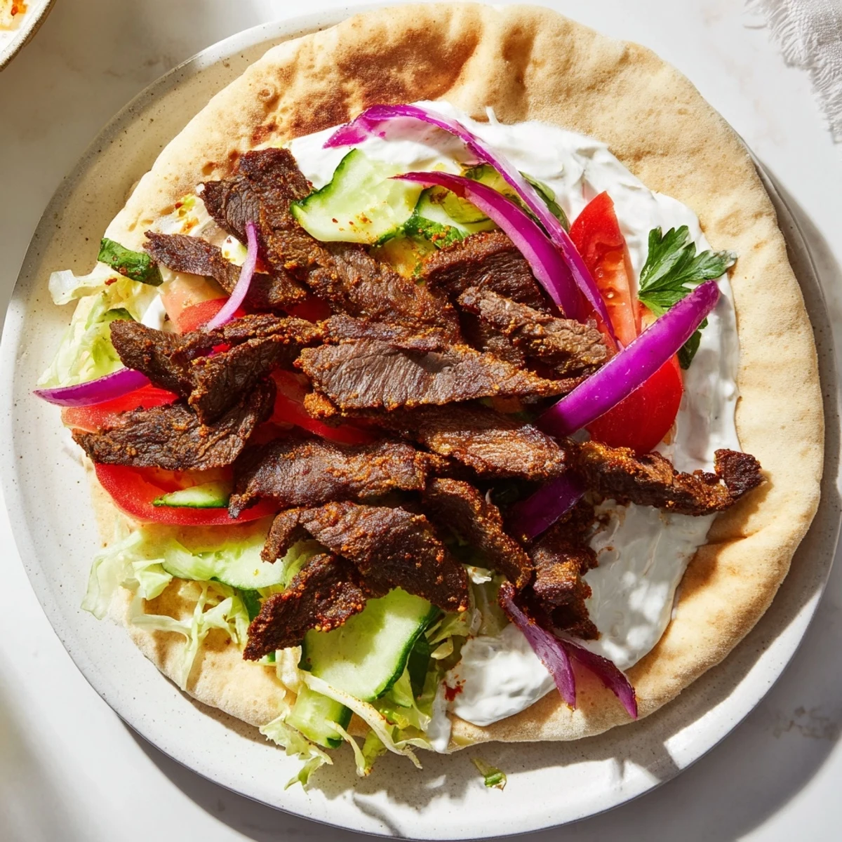 A close-up of Beef Shawarma Wraps showing the sliced beef, veggies, and sauce wrapped tightly in flatbread.