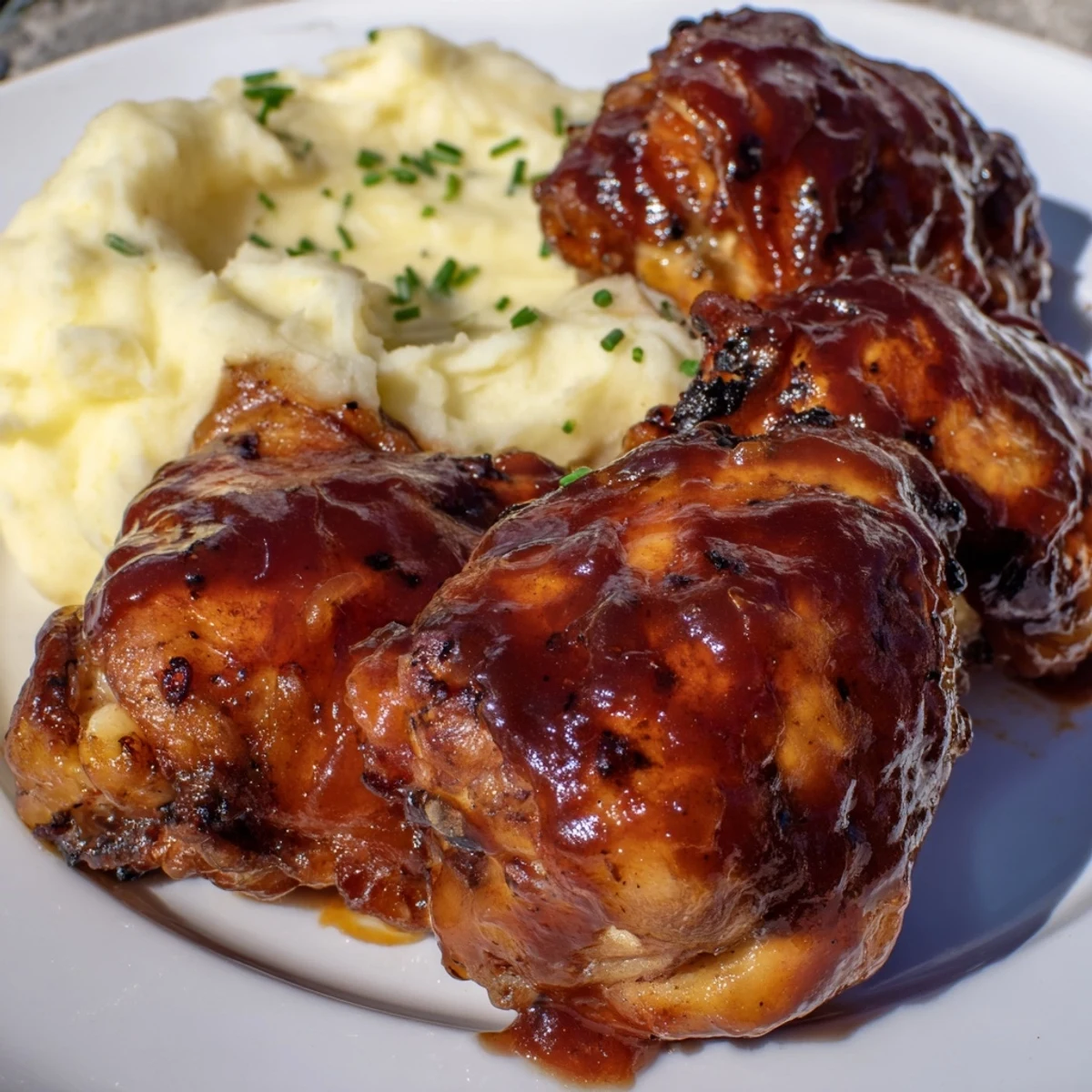 Golden-brown Honey BBQ Chicken Thighs glistening with sauce, served with perfect garlic mashed potatoes.