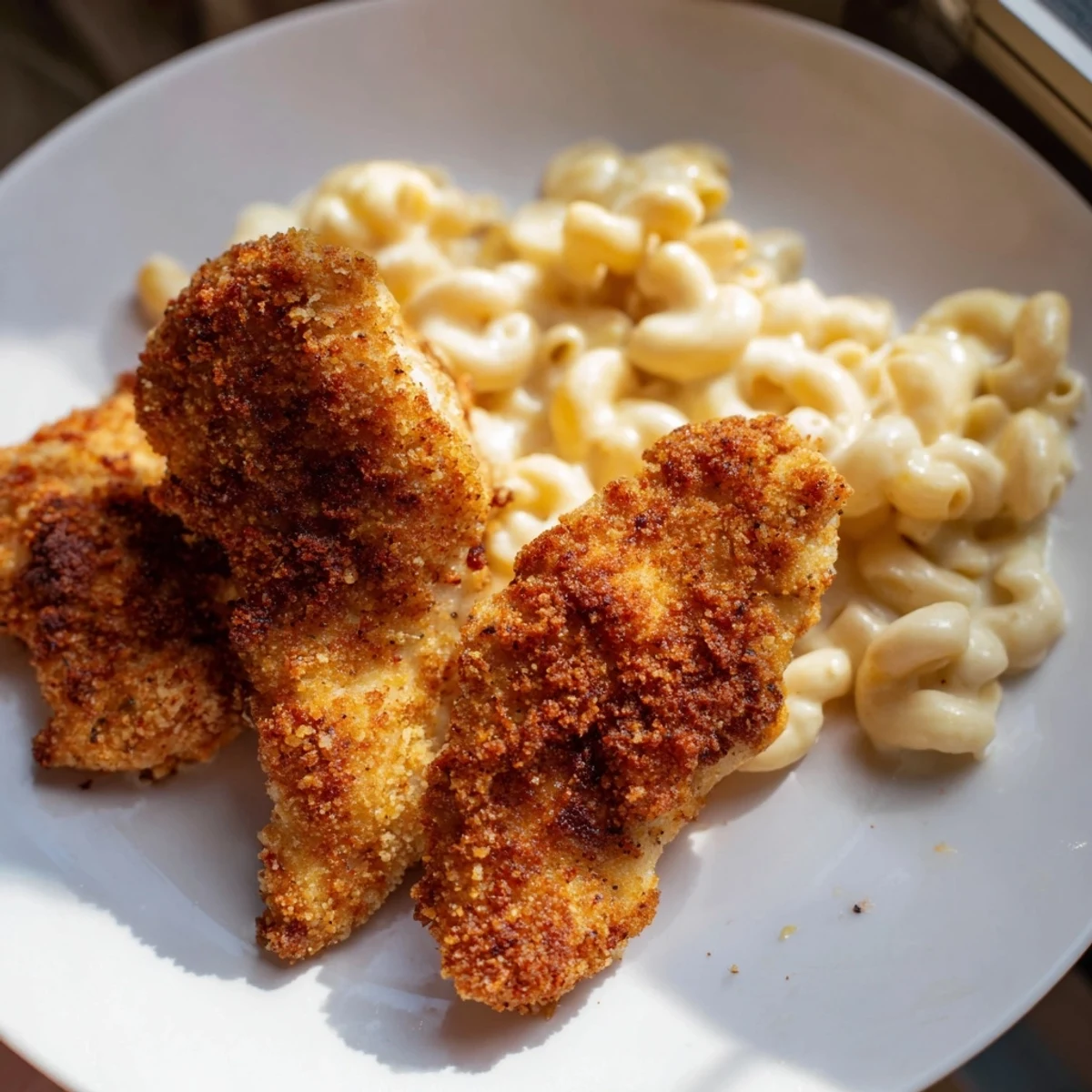 A close-up shot of golden-fried crispy chicken tenders and a generous helping of mac and cheese.