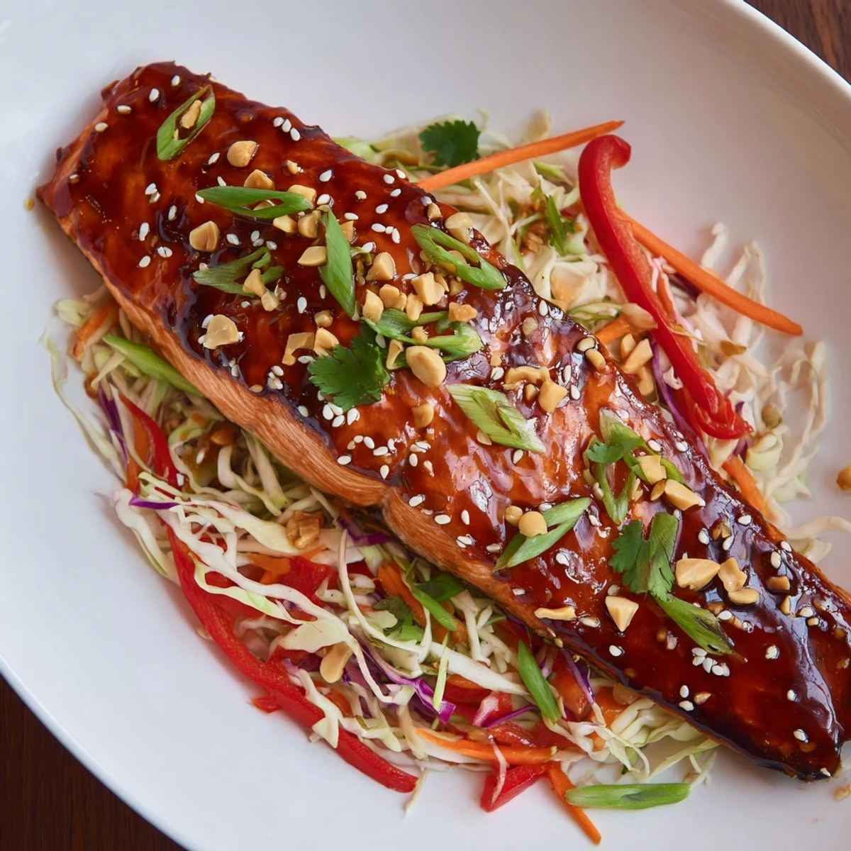 Tender teriyaki salmon glistens on a bed of vibrant Asian slaw in this beautiful bowl.