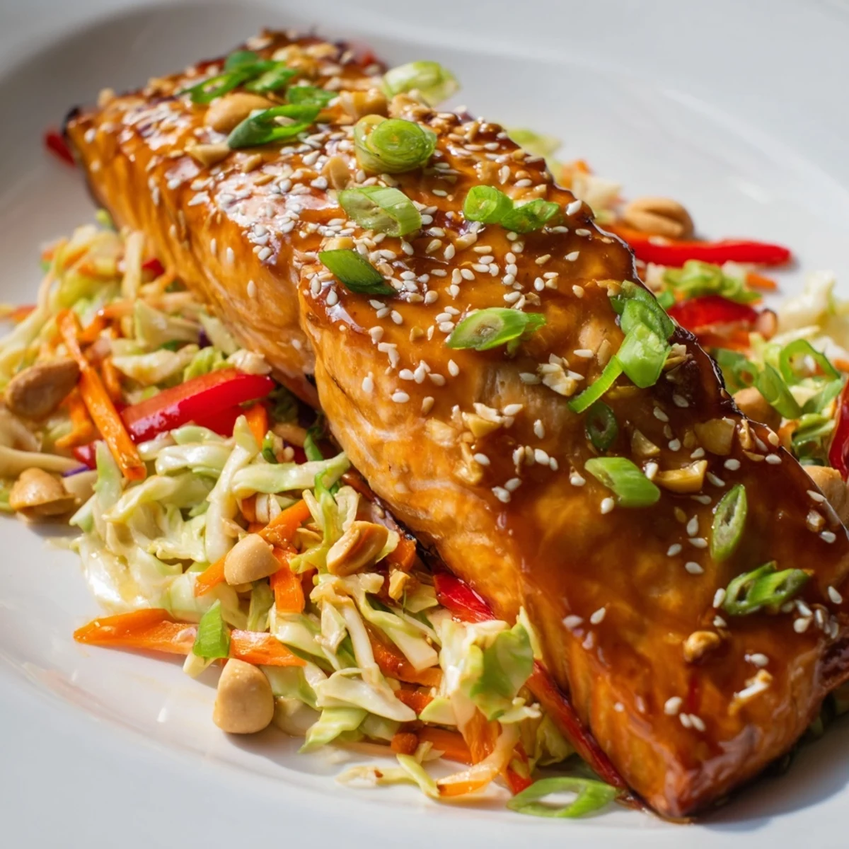 A healthy and delicious Teriyaki Salmon & Asian Slaw Bowl, ready to be enjoyed as a colorful meal.