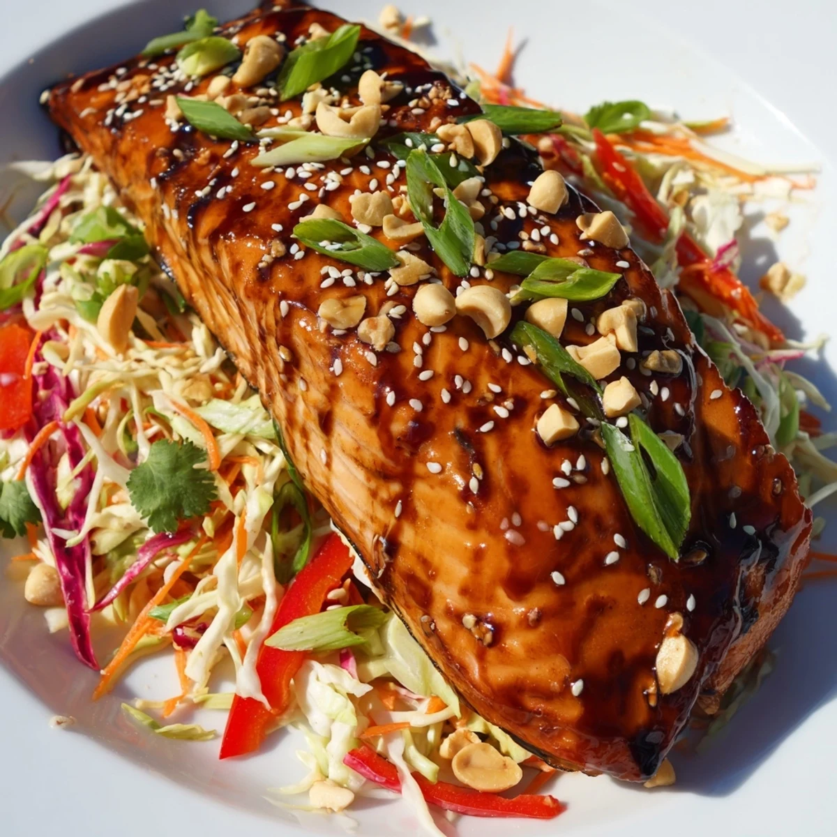 Fresh, flaky teriyaki salmon with a savory glaze tops the crunchy Asian slaw for this dish.