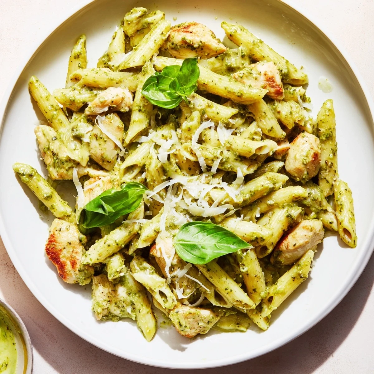 Golden chicken pieces mixed with creamy pesto sauce and penne, a delicious Italian-style dish.
