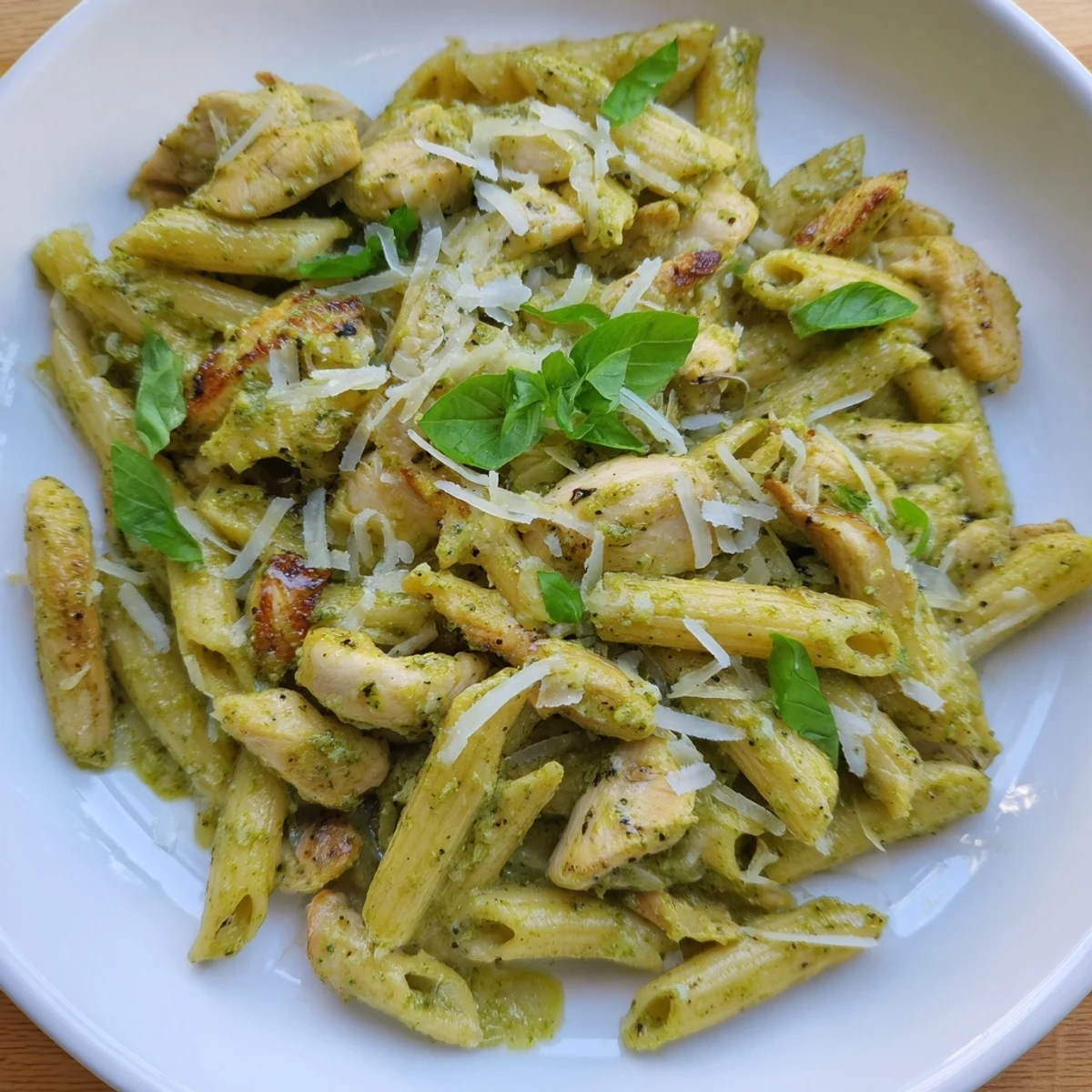 A close-up of Creamy Pesto Penne & Chicken ready to serve, garnished with fresh basil leaves.