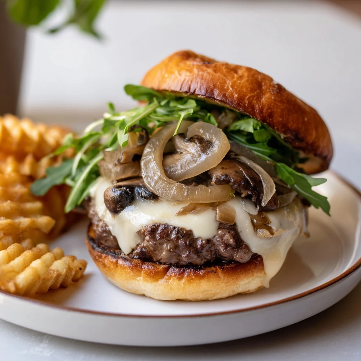 Juicy Mushroom Swiss Burger boasting melted cheese and savory mushrooms, with golden waffle fries.