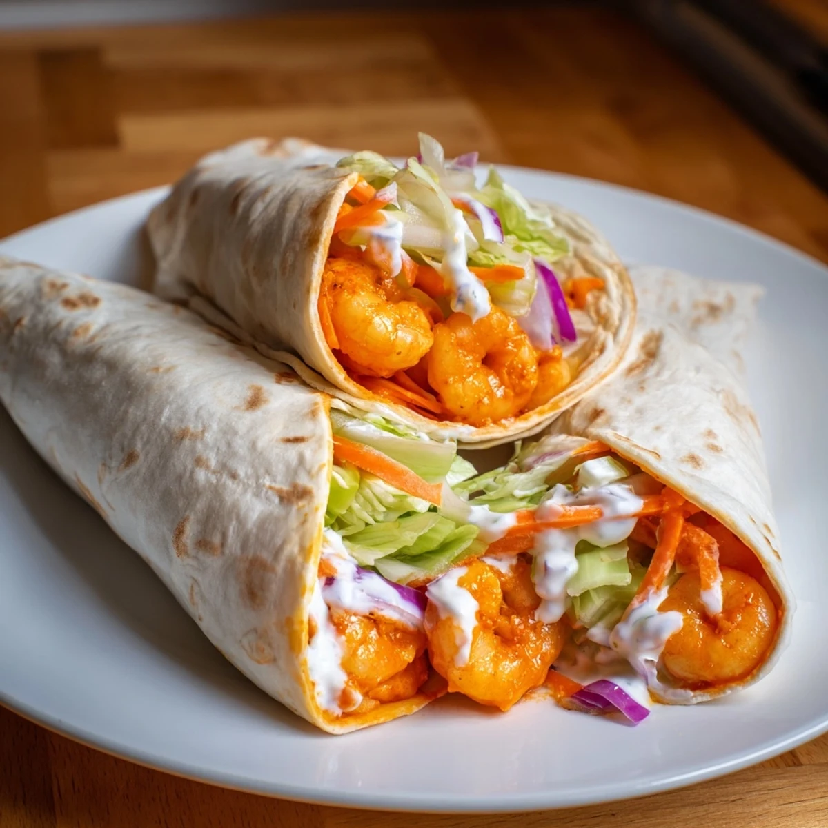 A close-up view of delicious buffalo shrimp wraps, with creamy ranch and zesty vegetables.