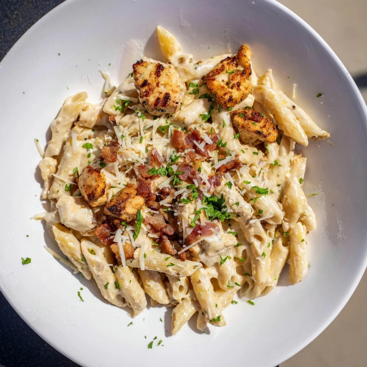 A close-up of Ranch Chicken & Bacon Penne shows the creamy sauce coating the penne, packed with flavor.