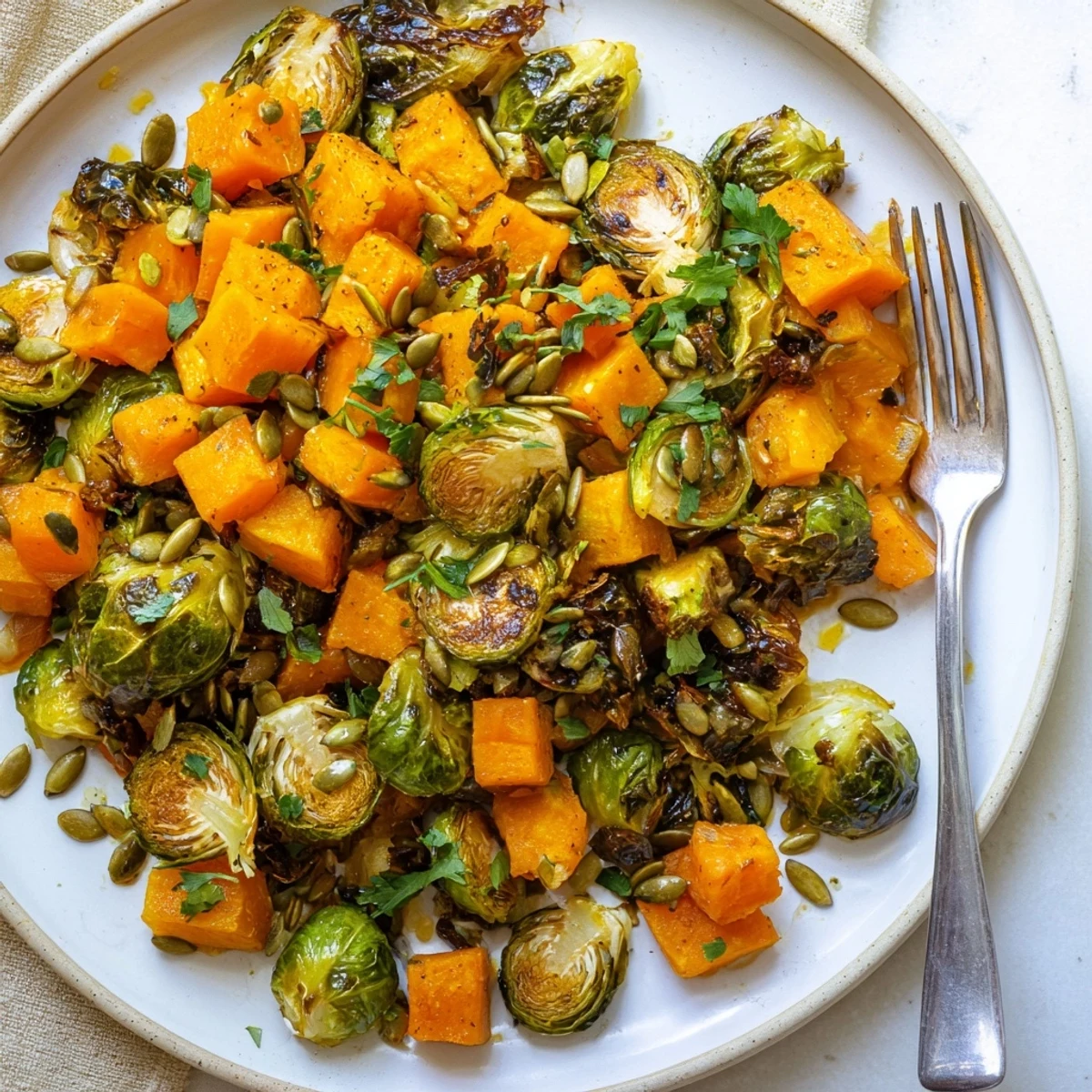Golden roasted Brussels sprouts and butternut squash with orange dressing, a colorful and healthy side.