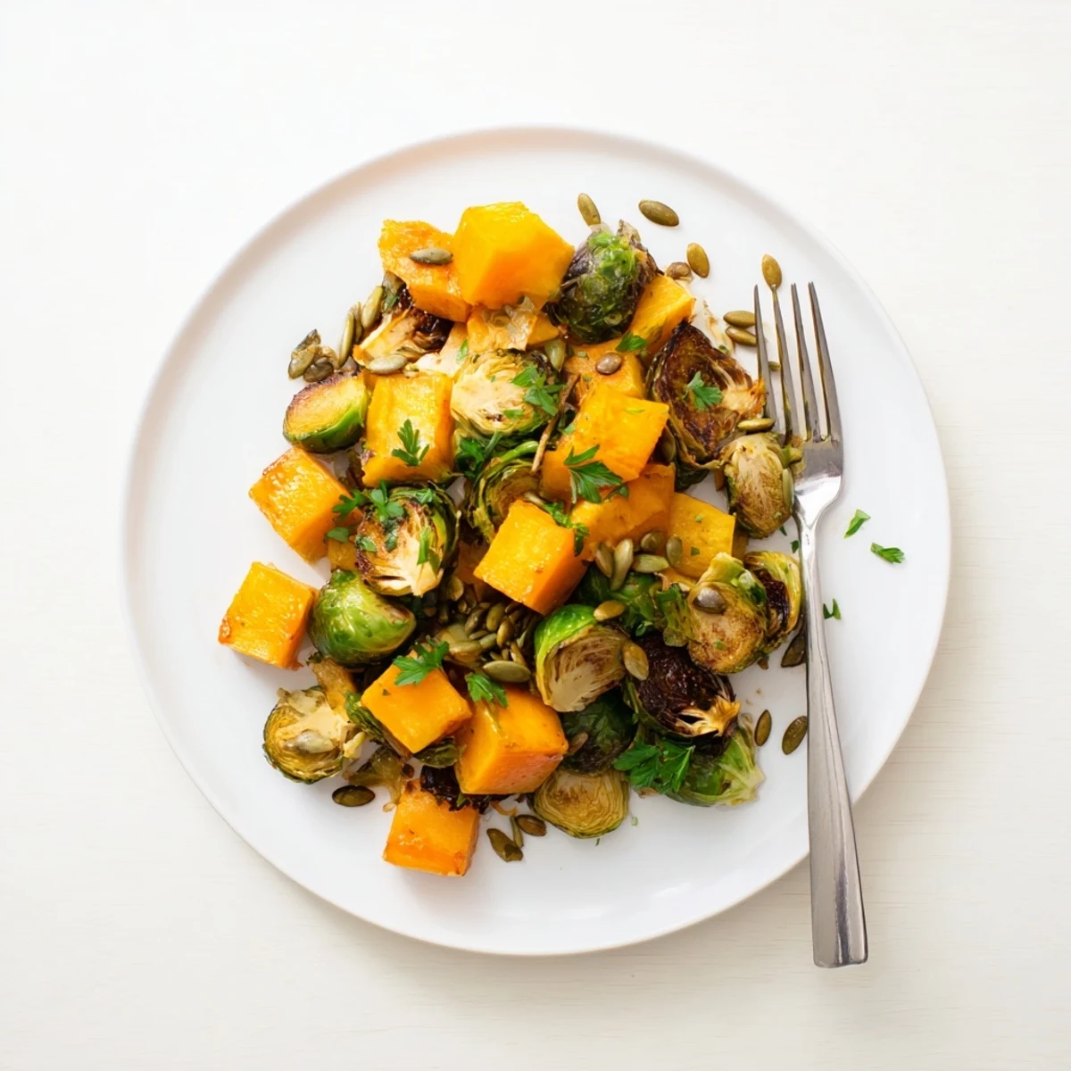 Savory roasted Brussels sprouts and butternut squash with zesty orange dressing, ready to be served.