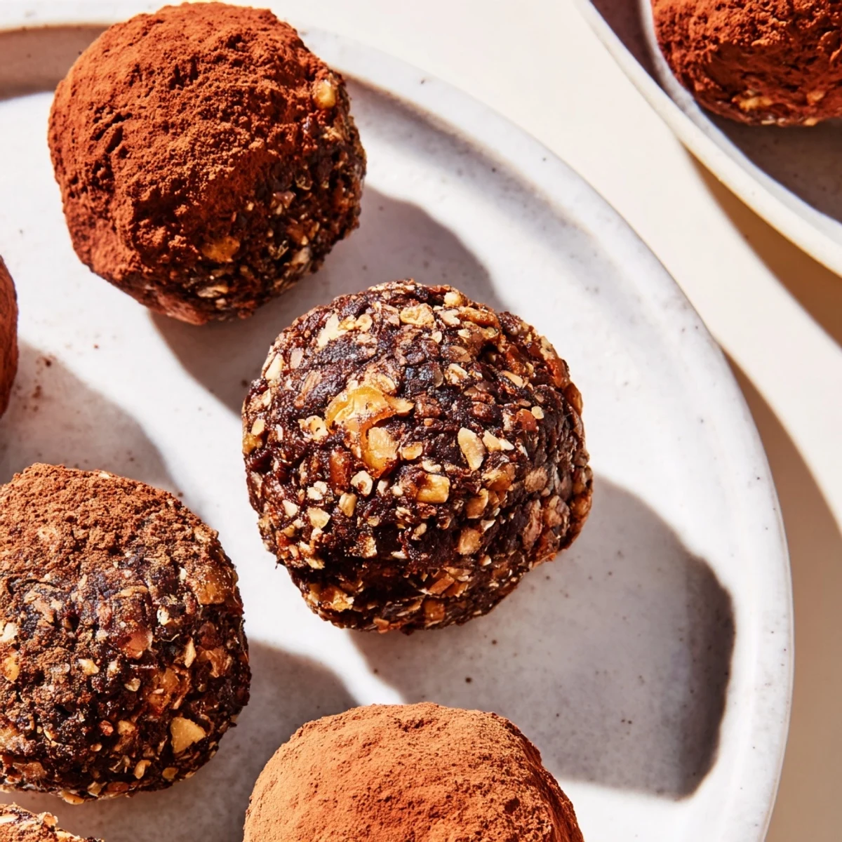Rich, dark Date & Walnut Truffles coated in cocoa, a lovely vegan dessert treat.