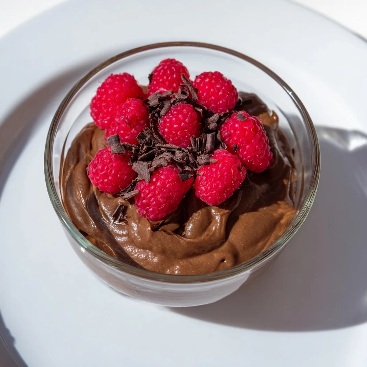 A close-up of creamy Avocado Chocolate Mousse, adorned with bright red fresh raspberries.