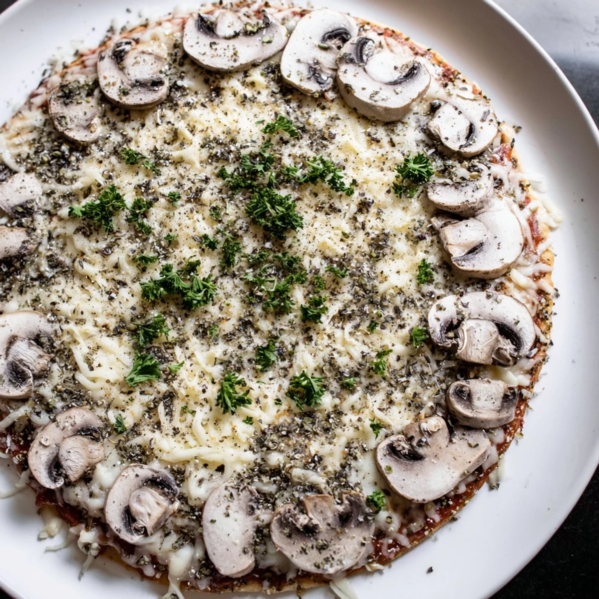 Golden, bubbly Frozen Pizza Upgrade topped with herbs, cheese, and perfectly baked mushrooms.