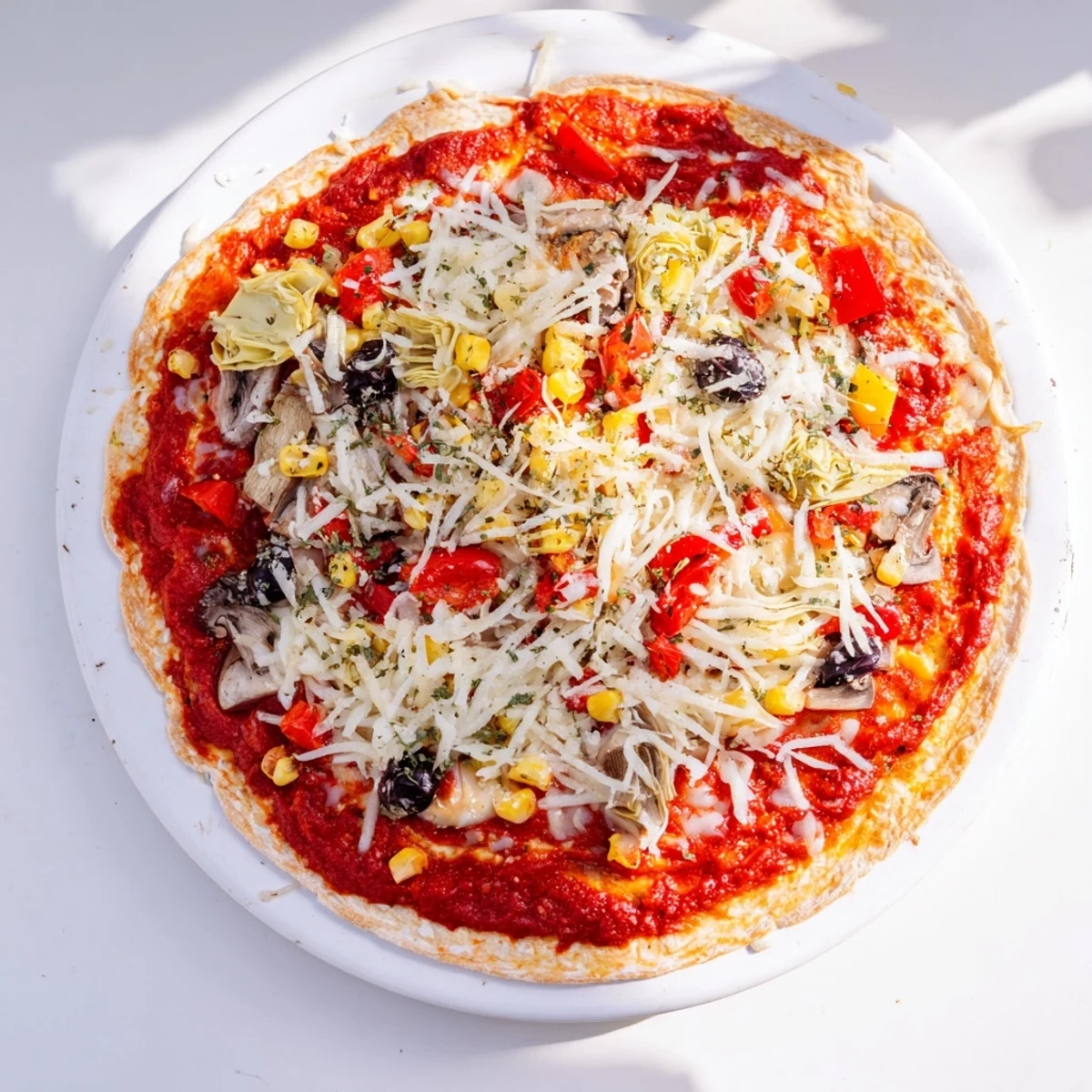 Homemade tortilla pizza with vibrant toppings: olives and peppers, ready for a satisfying, simple lunch.