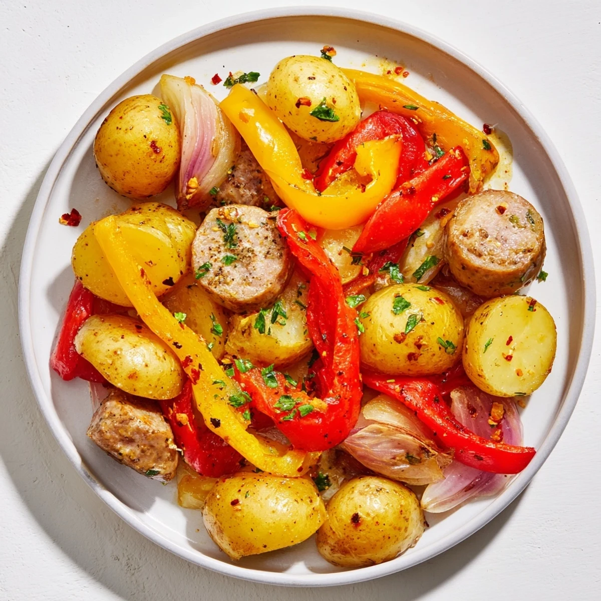 Sheet-Pan Sausage with Peppers and Potatoes, roasted to golden perfection, ready to serve this comforting American classic.