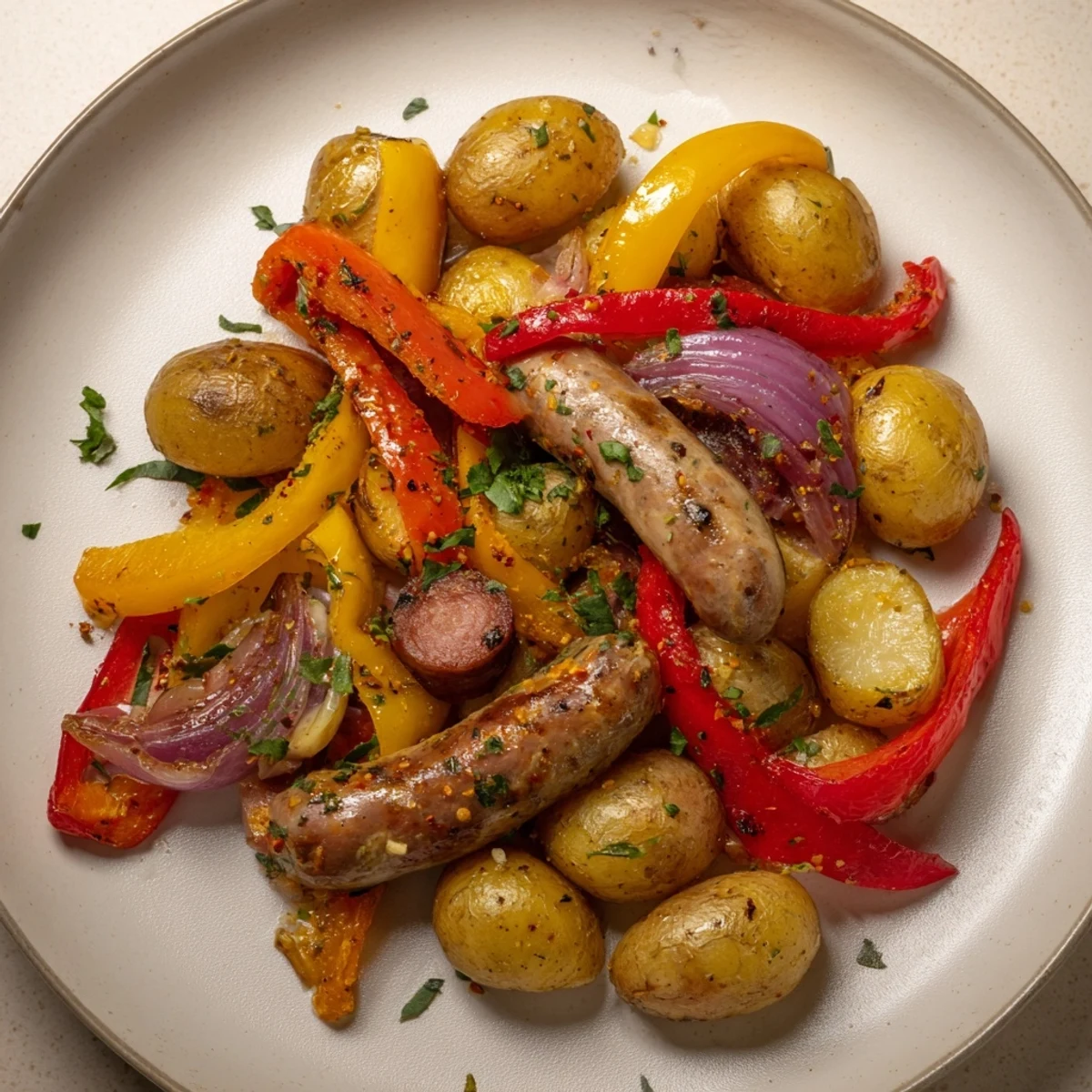 Enjoy a delicious plate of golden Sheet-Pan Sausage with Peppers and Potatoes, seasoned and perfectly cooked.