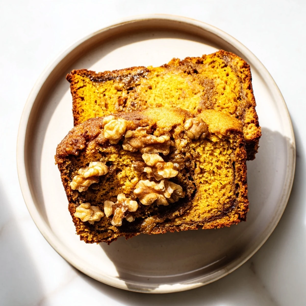 Warm, spiced pumpkin bread loaf, golden brown and smelling heavenly, ready to be sliced.