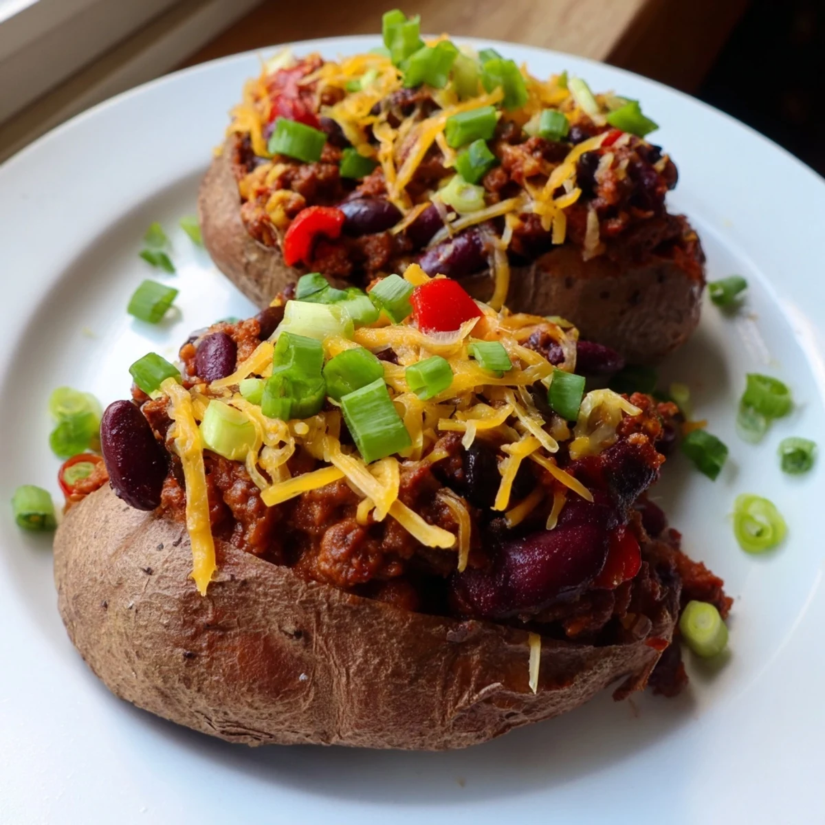 Steaming Chili-Style Baked Potatoes, loaded with a flavorful chili topping and optional cheese for a hearty meal.