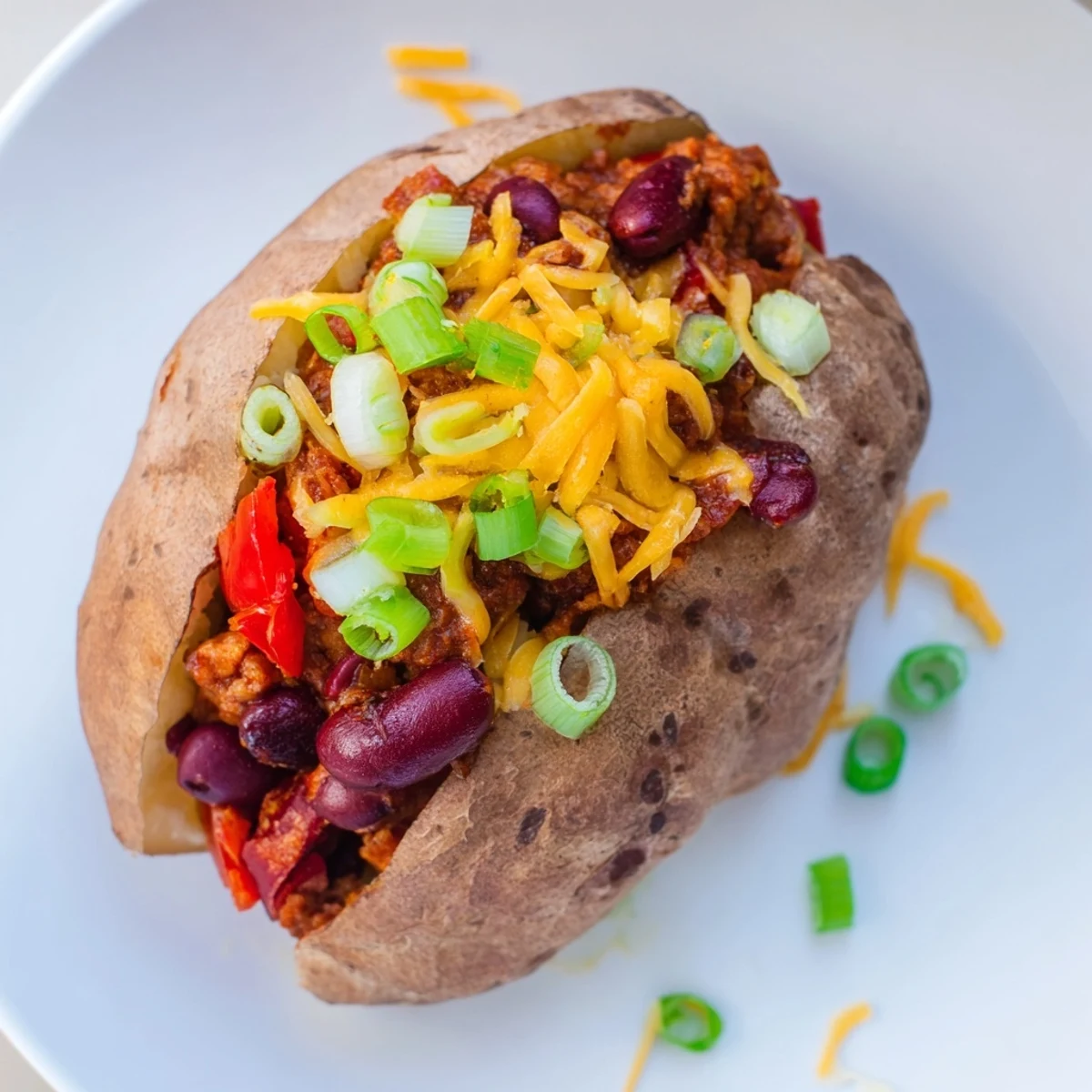 Golden, baked potatoes topped with savory chili, a visually appealing vegetarian feast, perfect for dinner.