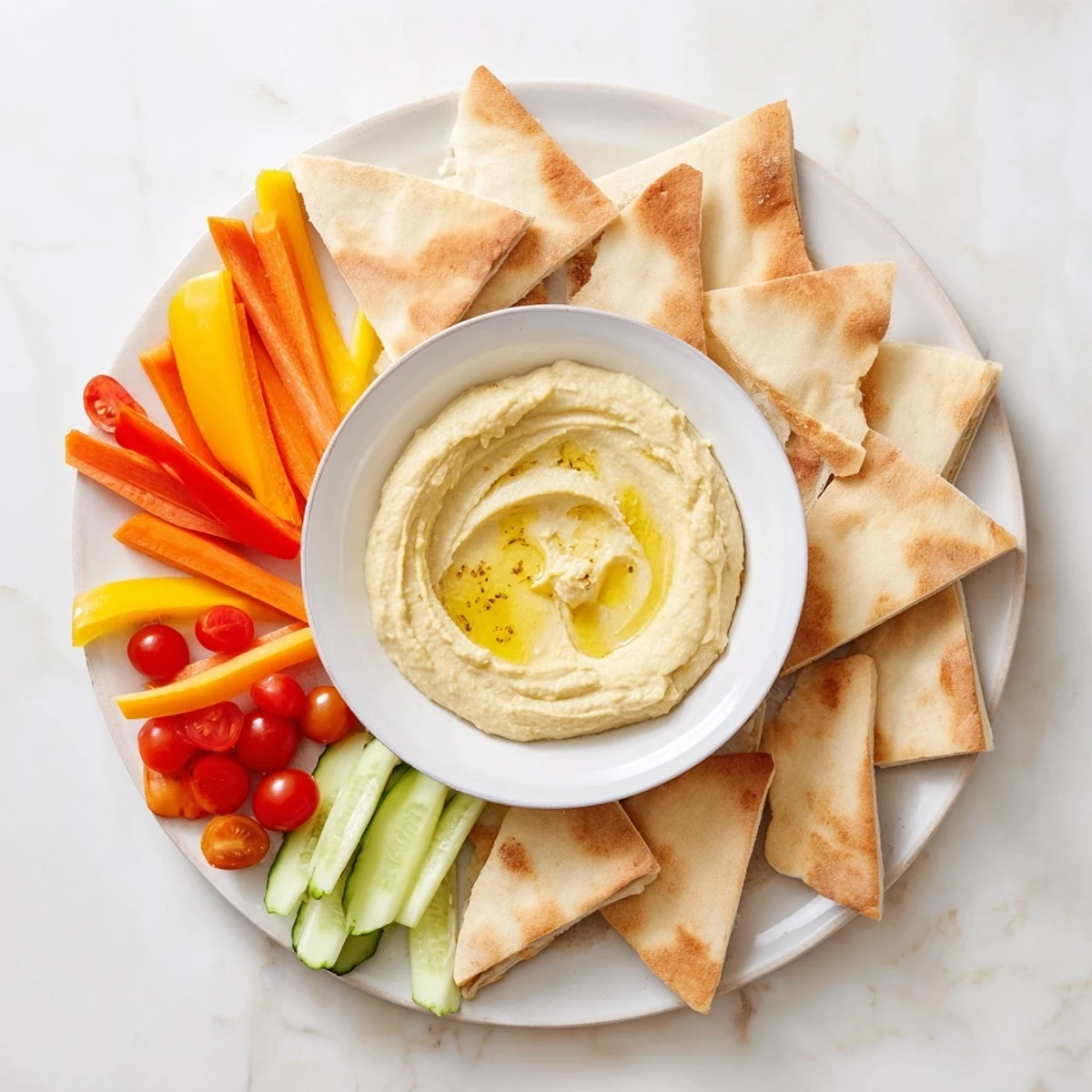 Vibrant platter showcasing delicious DIY hummus, golden pita bread, and crisp, fresh vegetable sticks.