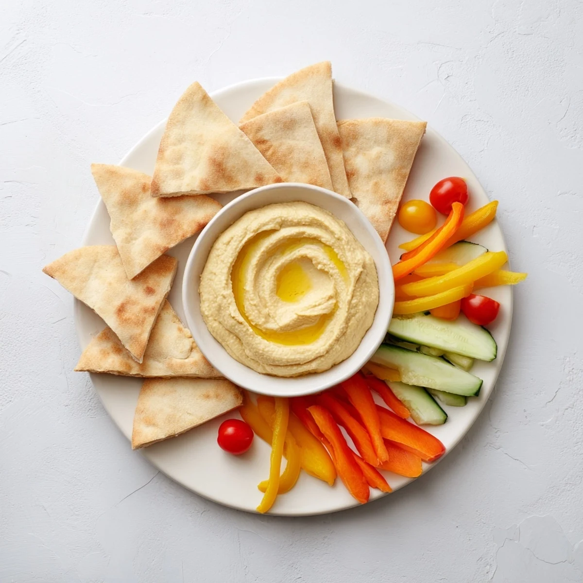 Enjoy a healthy and flavorful snack: DIY hummus with fluffy pitas and crunchy veggie sticks.