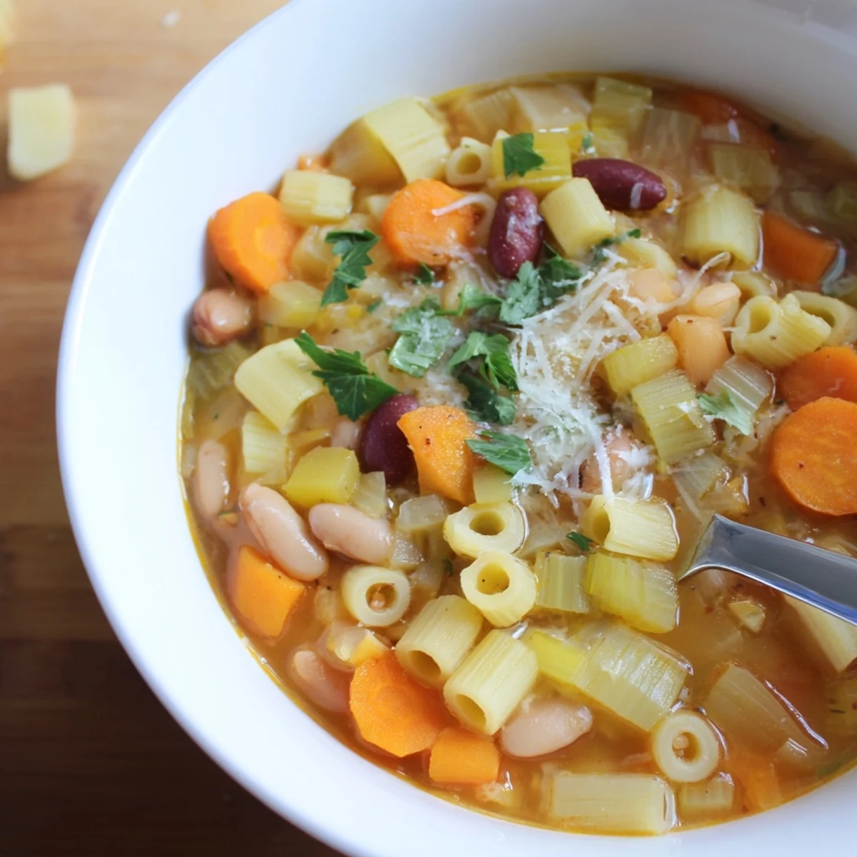 Steaming bowl of Pasta e Fagioli Soup, garnished with fresh parsley and Parmesan cheese, ready to enjoy.