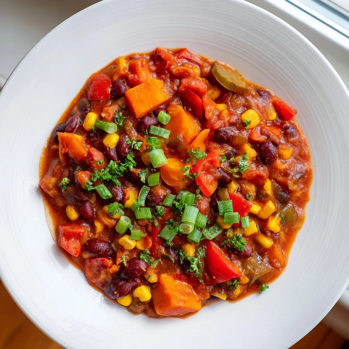 Steaming bowl of veggie chili topped with cilantro, ready for a comforting vegan meal.