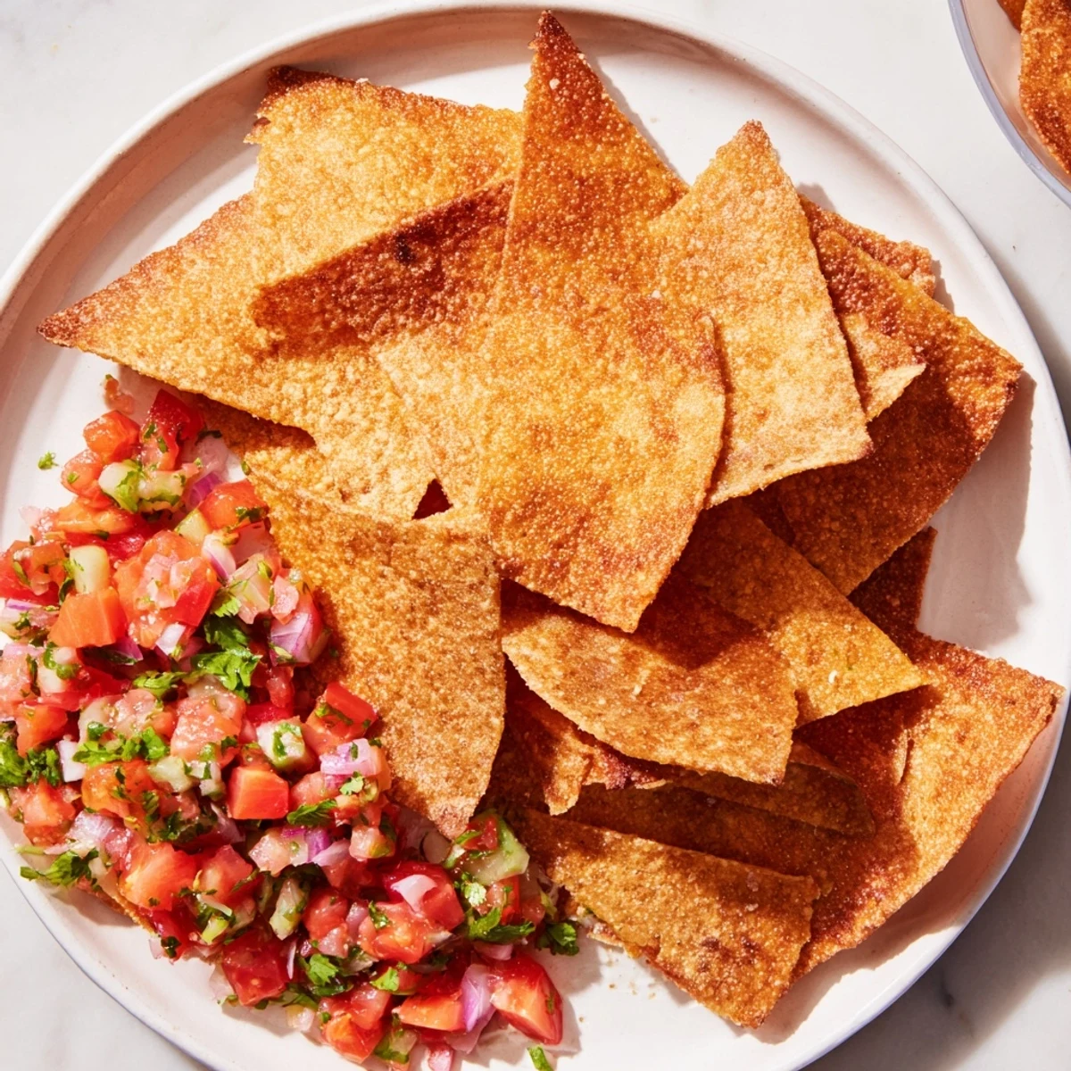Golden, crispy air-fryer tortilla chips ready to be dipped into a vibrant homemade salsa.