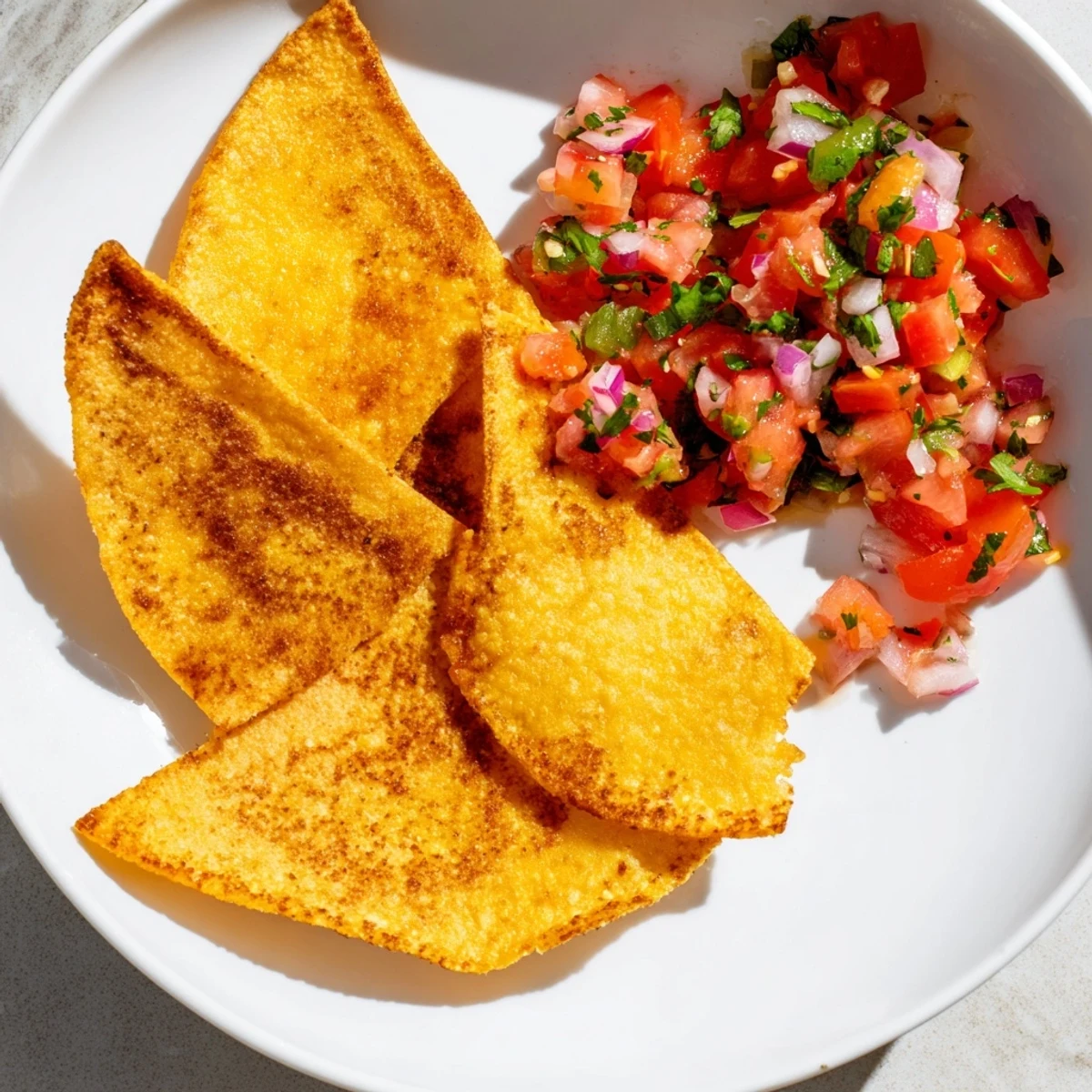 Close-up of freshly made air-fryer tortilla chips piled next to a bowl of colorful salsa.