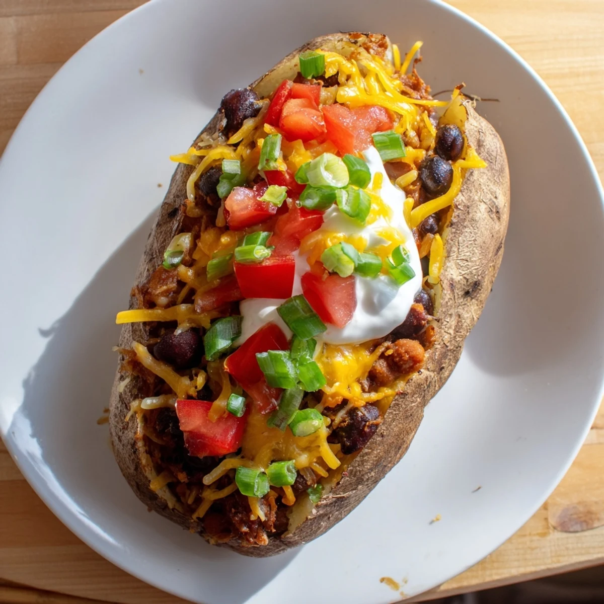 Steaming hot loaded baked potato with chili, cheddar cheese, and fresh green onions, inviting you to eat.