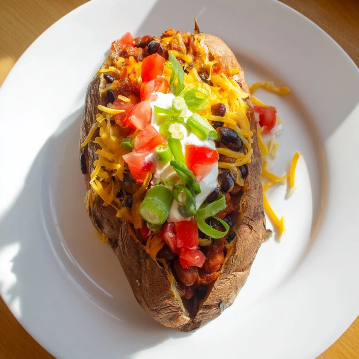 Fluffy, golden loaded baked potato with chili, a delicious and comforting American main course brimming with toppings.