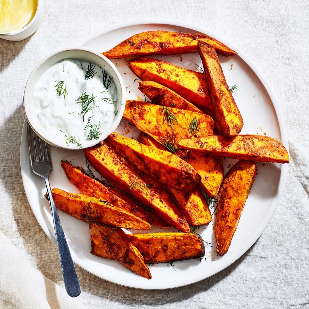 Golden, crispy roasted sweet potato wedges ready to be dipped into refreshing herbed yogurt.