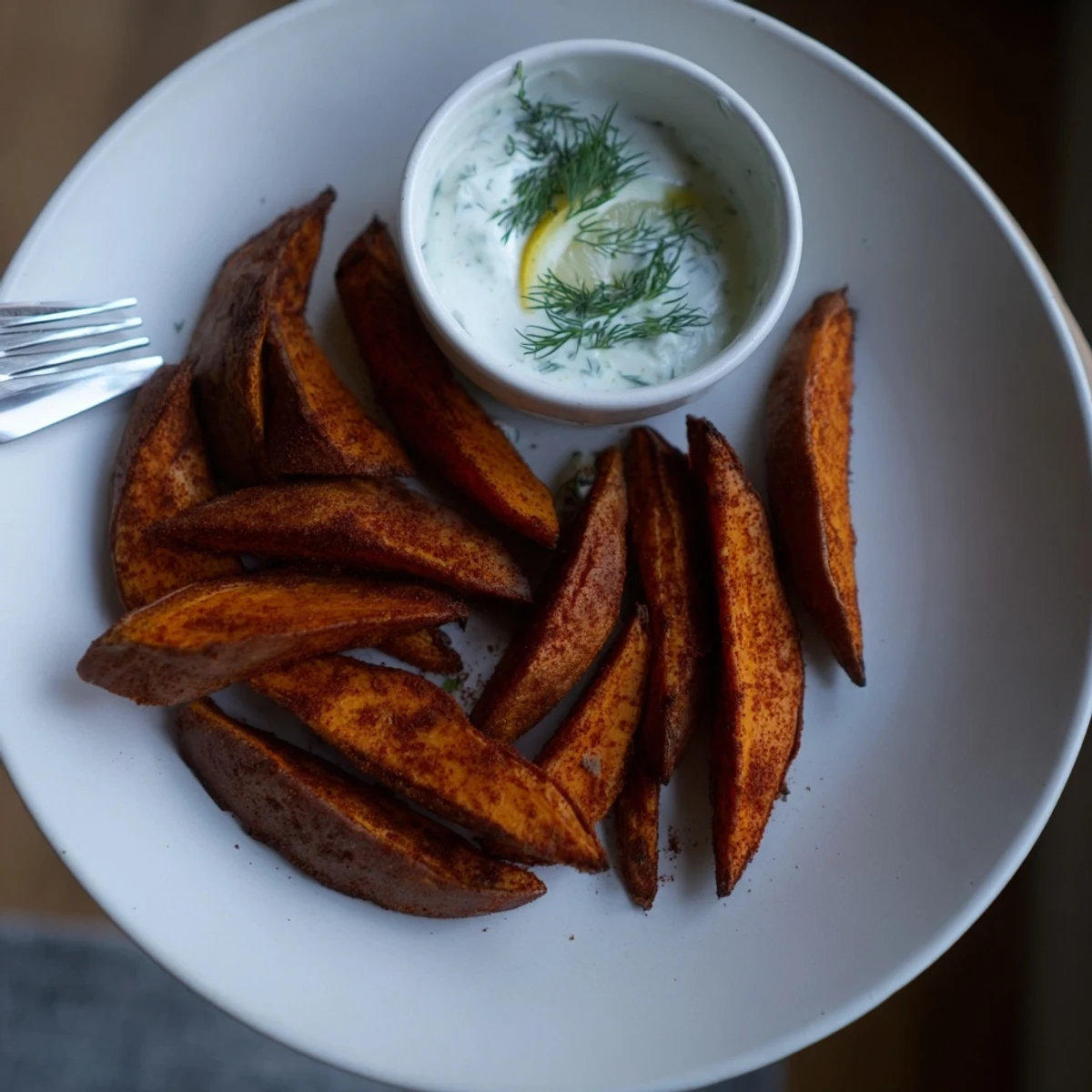 A close-up shot of perfectly roasted sweet potato wedges, ideal with creamy yogurt dip.
