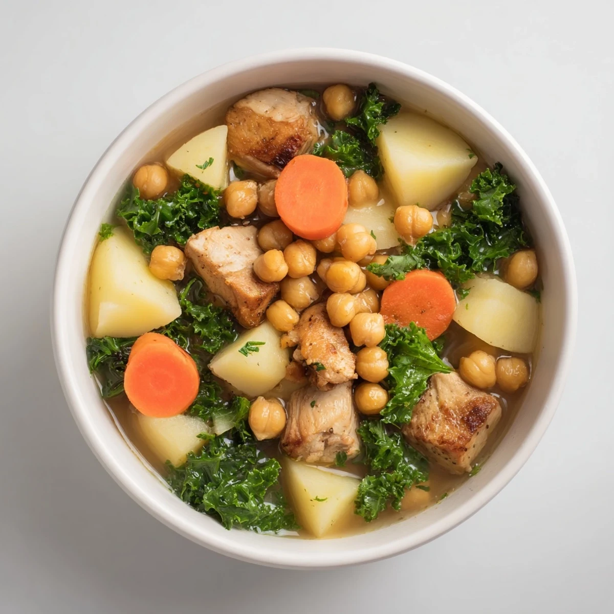 A hearty bowl of Chicken Kale Soup with Crispy Chickpeas, topped with crunchy, seasoned chickpeas.